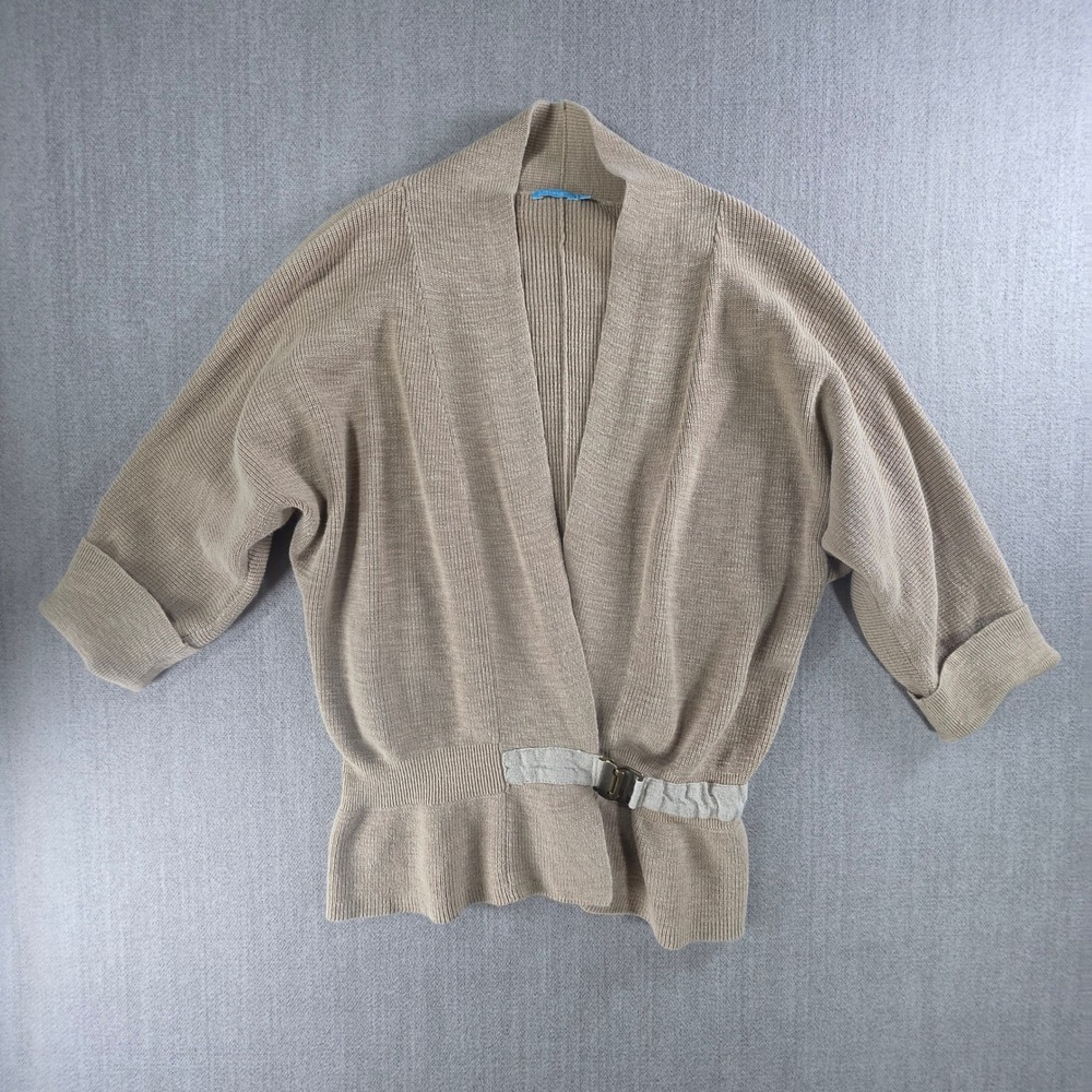 J.McLaughlin Cardigan Women XS‎ Tan Buckle Front Ribbed Knit 3/4 Sleeve Sweater